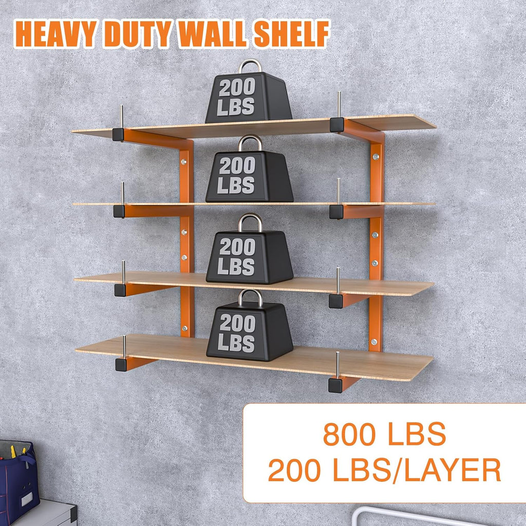 2-Pack Lumber Storage Rack, Wood Storage Racks Wall Mount, Heavy Duty Garage Wood Organizer With 4-Level System, Orange Utility Rack Organization Up 800 Lbs, Metal Lumber Shelf for Indoor and Outdoor