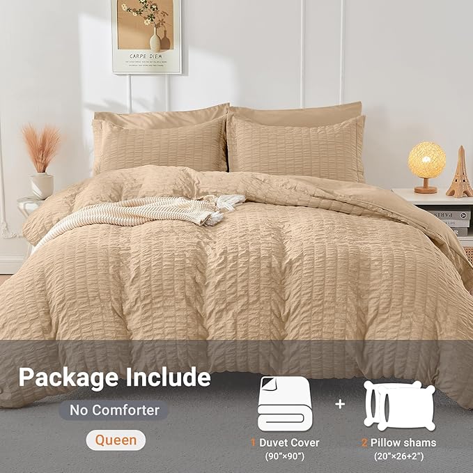 HYMOKEGE Khaki Duvet Cover Full Size, Ultra Soft 3-Piece Seersucker Duvet Cover - Image 5