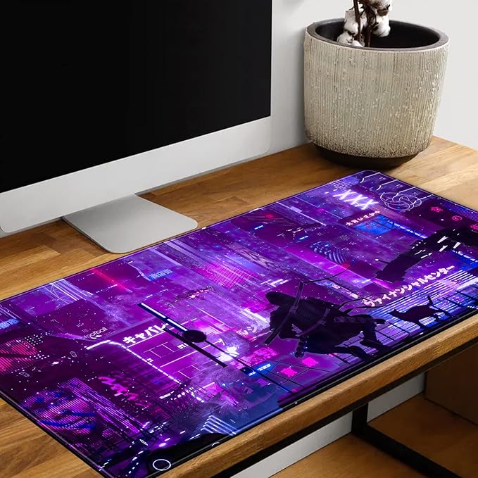 Anime Neon Mouse Pad Purple City Gaming Desk Big Cute Kawaii Pink Extended Mouse Pad Gaming,Office Keyboard Pc Laptop Mousepad Large 31.5x15.7 in-with Stitched Eges Non-Slip Base Mouse Pads Mat