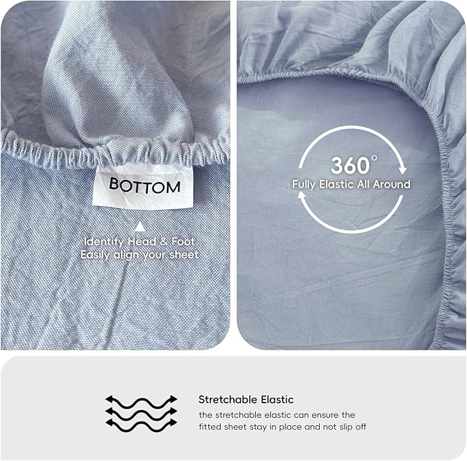 MooMee Fitted Bottom Sheet Only 100% Washed Cotton Linen Like Textured - Image 3