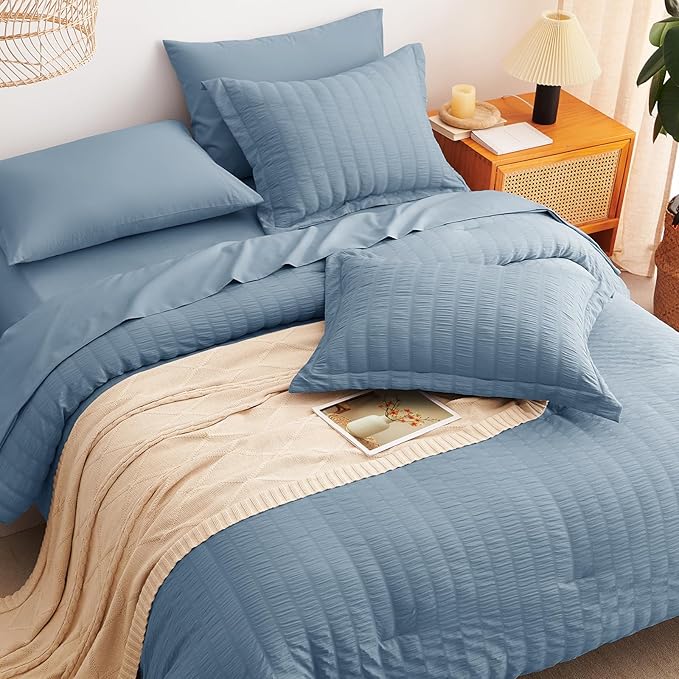 CozyLux Queen Comforter Set Grayish Blue Seersucker 7 Pieces Bed in a Bag Queen - Image 6