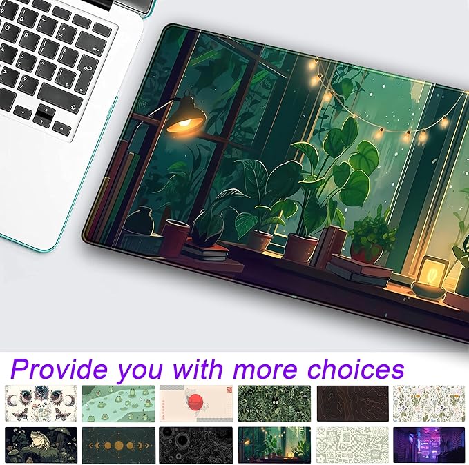 Cute Green Lofi Desk Mat Plants Mouse Pad Anime Forest Aesthetic Nature Desk Pad, XXL Large Gaming Extended Mousepad for PC Laptop Keyboard Mouse Mat Women Office Decor Girl Playmat 31.5x15.75 in