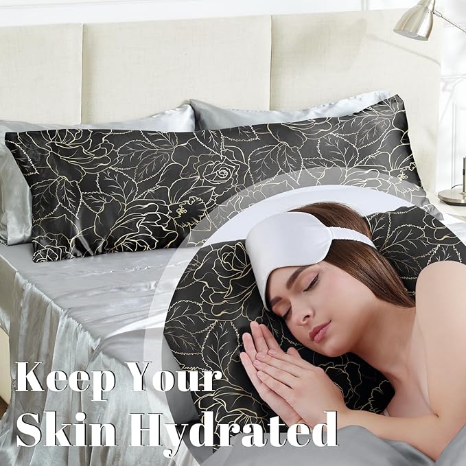 EXQ Home Satin Body Pillowcase for Hair and Skin- Rose on Black Silk Long - Image 3
