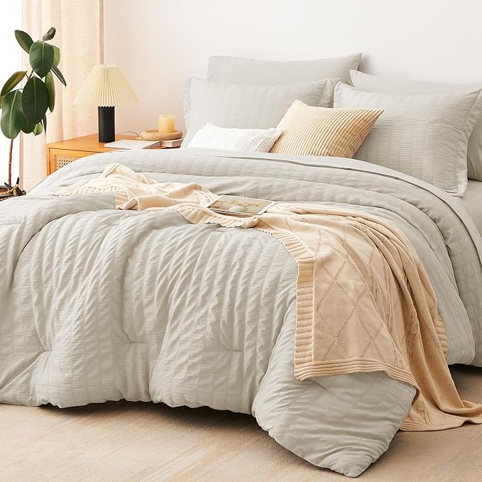 CozyLux Queen Comforter Set Oatmeal Seersucker 7 Pieces Bed in a Bag Queen by CozyLux