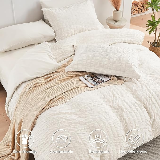 HYMOKEGE Ivory King Size Comforter Set Seersucker 7 Pieces, All Season Luxury - Image 3