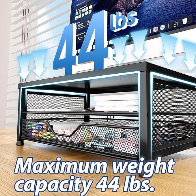 OPNICE Wood Computer Monitor Stand Riser, Desk Organizer with Drawer, Laptop Stand, Office Desk Accessories & Workspace Desktop Organizers Storage for Office Supplies(Brown)