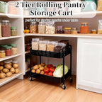 LIWNYRK 2 Tier Rolling Cart with Wheels for Under Desk Storage & Pantry Room, Large Capacity Laundry Room & Makeup Organizer, Sturdy Kitchen Utility Cart for Small Space with 4 Hooks, Black