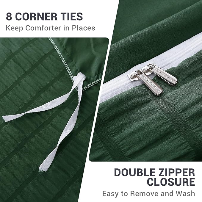 HYMOKEGE Dark Green Duvet Cover Full Size, Ultra Soft 3-Piece Seersucker Duvet - Image 5