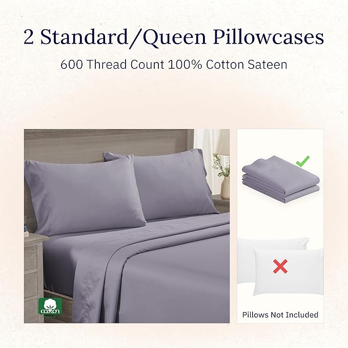 Luxuriously Soft Premium 600 Thread Count, 100% Cotton Set of 2 Cases, Crisp - Image 4