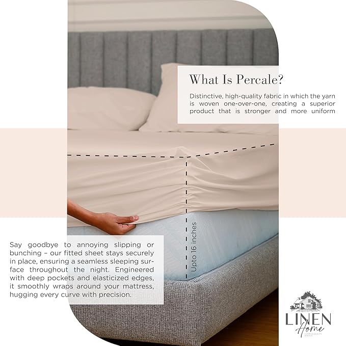 Linen Home 100% Cotton Percale Sheets Queen Size, Sand Shell, Deep Pocket - Image 4