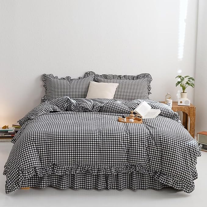 mixinni Black White Gingham Ruffle Duvet Cover Twin Size 3 Pieces – 100% Washed - Image 7