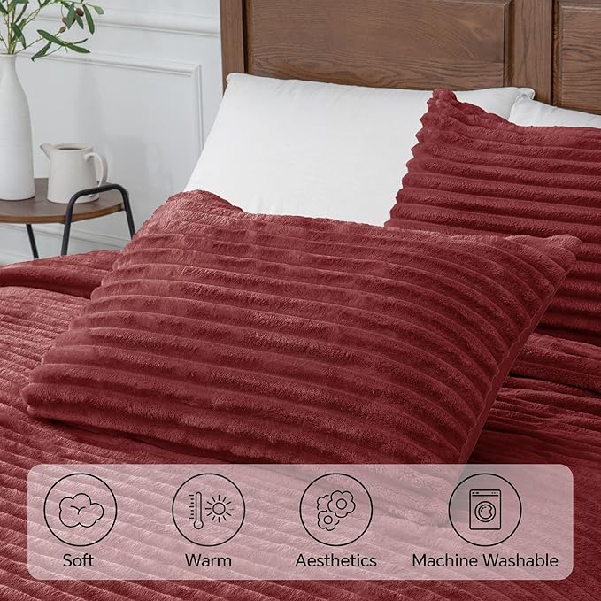 BEDELITE Fleece Queen Comforter Set -Super Soft & Warm Fluffy Burgundy Bedding - Image 5