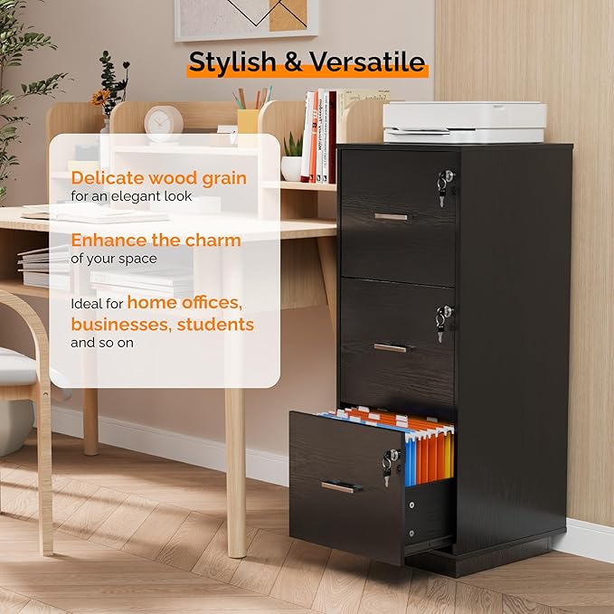 VINGLI 3 Drawer File Cabinet with Lock, Home Office Filing Organizer, for Letter Size File Folder Storage, Wood Tall Vertical Filing Cabinet, Printer Stand, Archivador (Black)