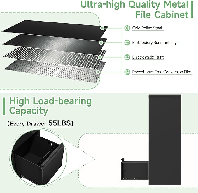 4-Drawer File Cabinet with Lock,Metal Vertical Filing Cabinets for Home Office,Under Desk File Cabinets for Letter/Legal/A4 Size Files,Easy Assemble,Black