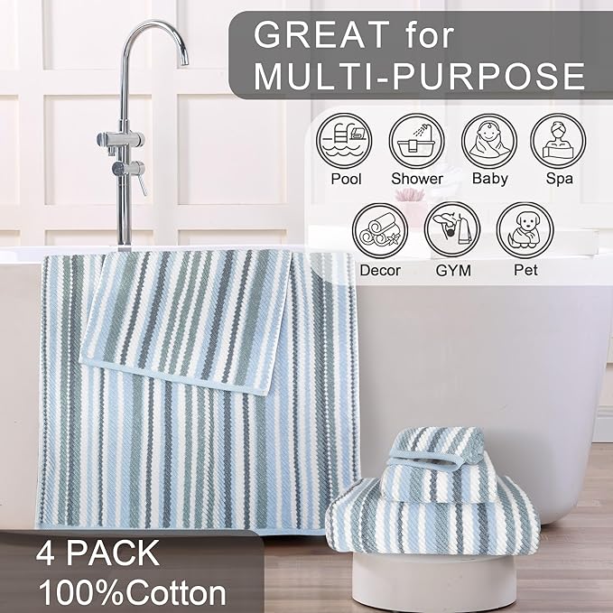 VOOVA & MOVAS Blue Striped Washcloths 6 Pack, 100% Cotton, Ultra Soft, Quick Dry - Image 4