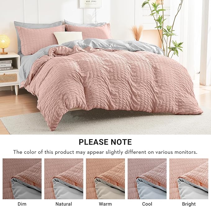 HYMOKEGE Rose Gold/Light Grey California King Comforter Set Seersucker 7 Pieces - Image 5