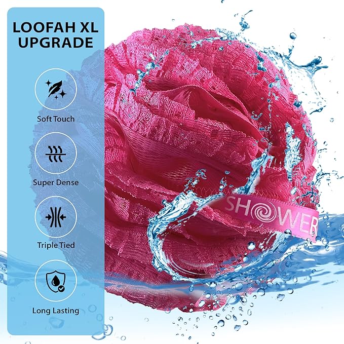 SHOWER BOUQUET Pink-Loofah-Bath-Sponge Lace-Mesh-Set // 2-Scrubs-in-1 // Large - Image 3