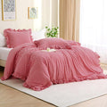 Silnuo Red/White Checkered Ruffle 3-Piece Duvet Cover Set Twin Size, Washed by Silnuo
