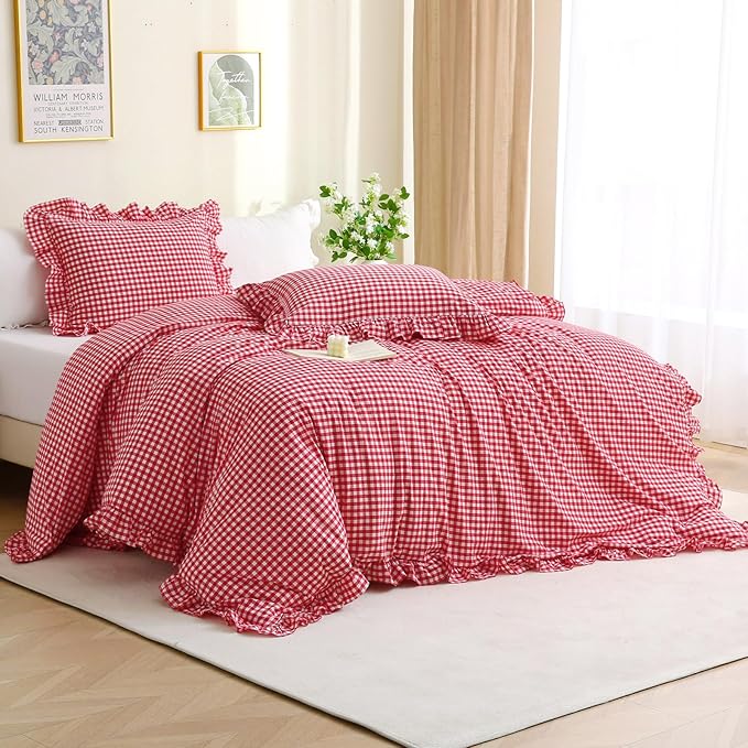 Silnuo Red/White Checkered Ruffle 3-Piece Duvet Cover Set Twin Size, Washed by Silnuo