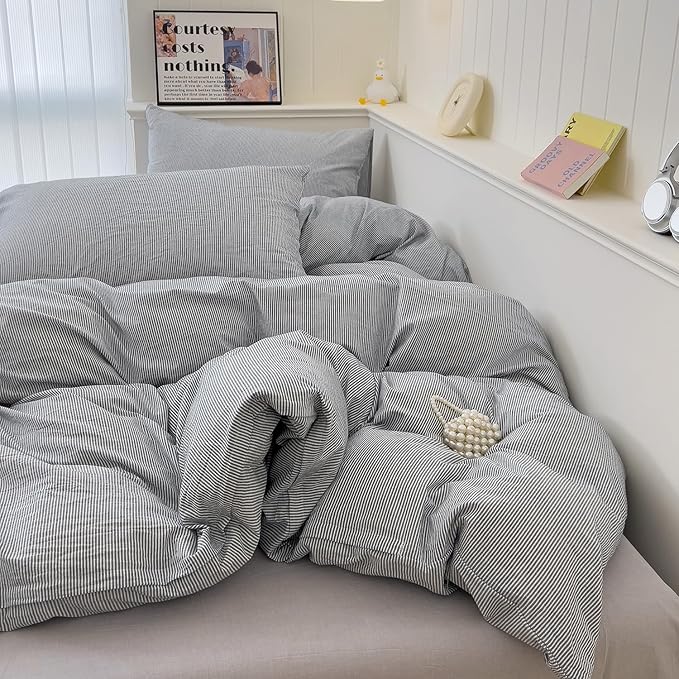 mixinni Grey Striped Duvet Cover Twin Size - Image 4