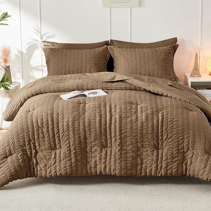 HYMOKEGE Brown Queen Comforter Set Seersucker 7 Pieces, All Season Luxury Bed - Image 9