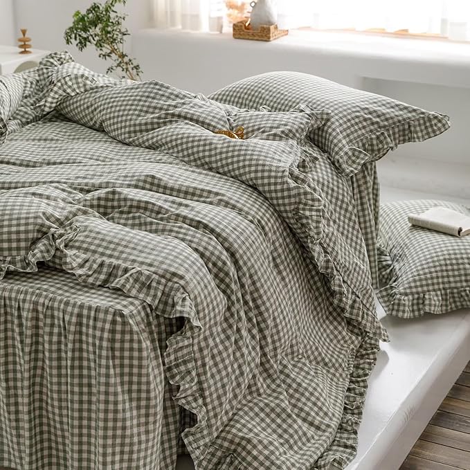 mixinni Green Ruffle Duvet Cover King Size 3 Pieces – 100% Washed Cotton - Image 5