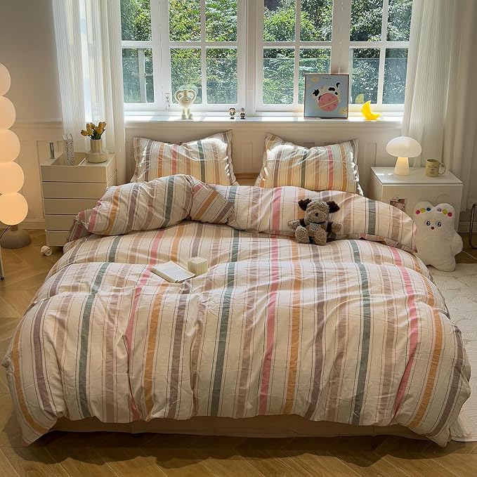 mixinni Vintage Striped Duvet Cover Set King, 3-Piece 100% Washed Cotton - Image 2