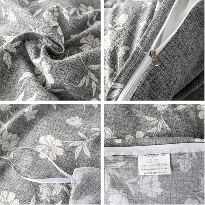 OAITE Grey Flower Queen Size Duvet Cover-3 Pieces Prewashed Cotton-Like - Image 4