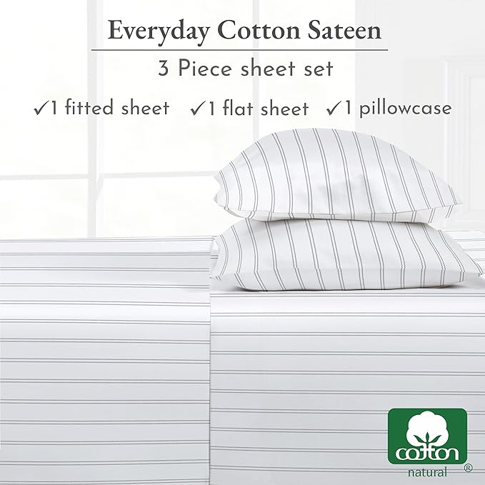 California Design Den Stripe Twin Sheets Set, 100% Cotton 12" Pocket Twin Size - Image 6