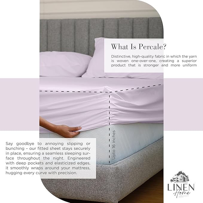 Linen Home 100% Cotton Percale Sheets Full Size, Iris Lilac, Deep Pocket - Image 4
