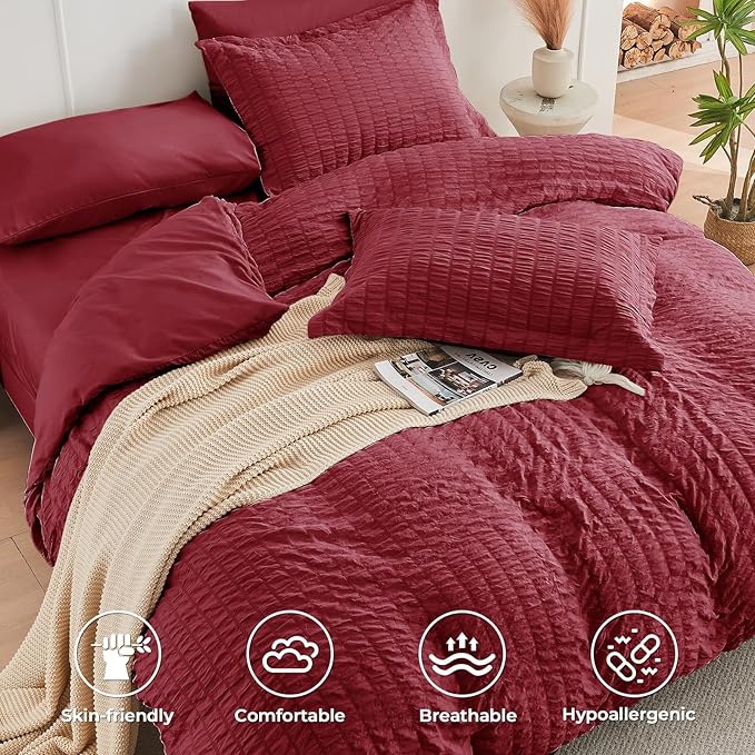 HYMOKEGE Burgundy California King Comforter Set Seersucker 7 Pieces, All Season - Image 3