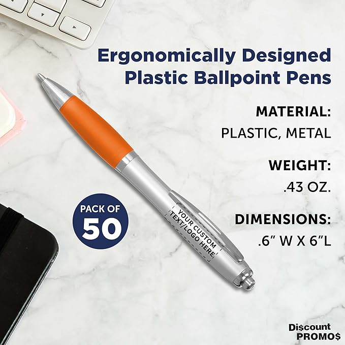 DISCOUNT PROMOS Ballpoint Pens With Rubber Grip, 50 pack, Custom Promotional Text, Logo with Name, Black Ink Writing Pens in Bulk, Orange