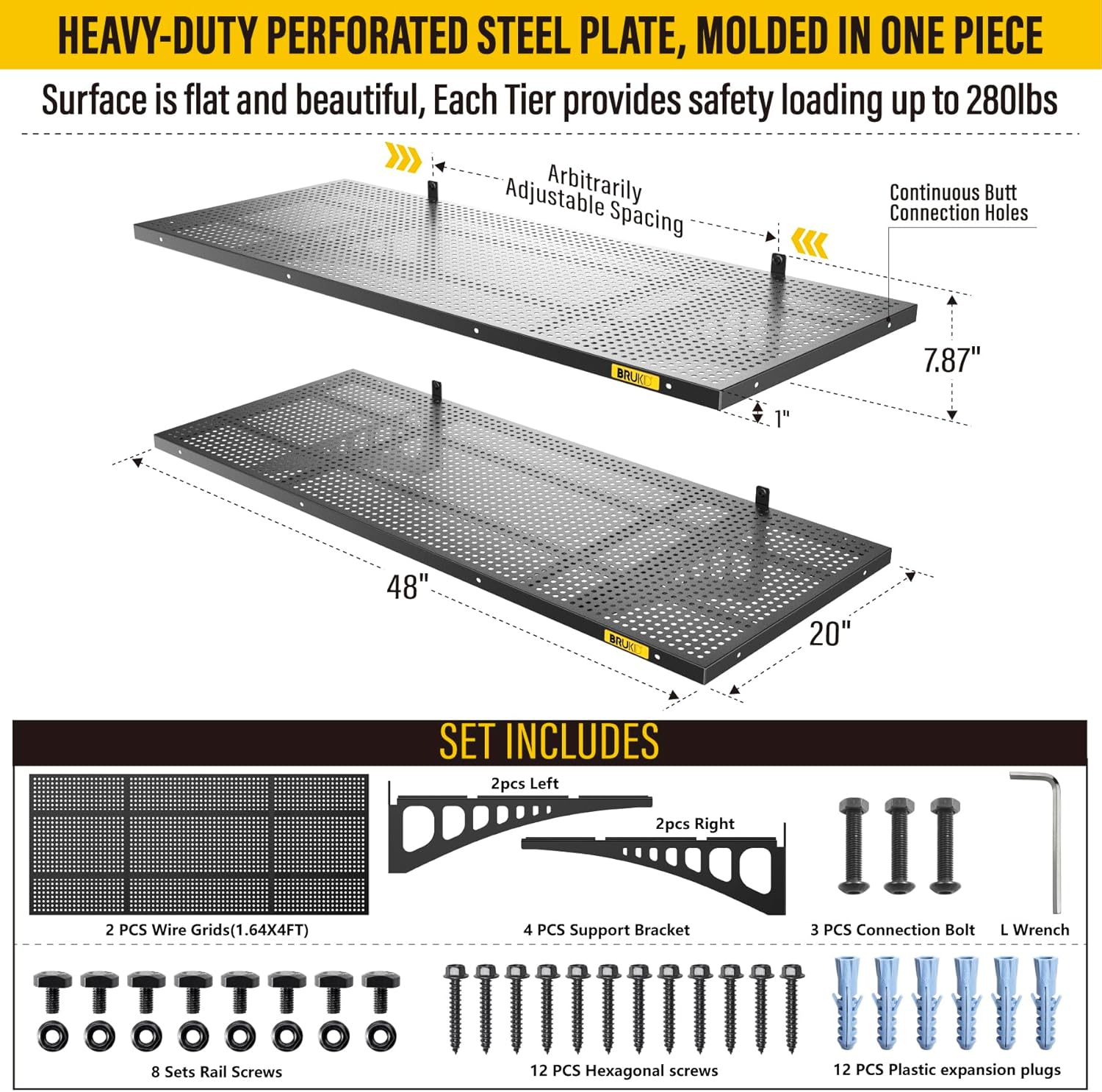 2Pack 1.64x4ft Adjustable Metal Garage Wall Shelving Heavy Duty Garage Storage Shelf Wall Mounted Black