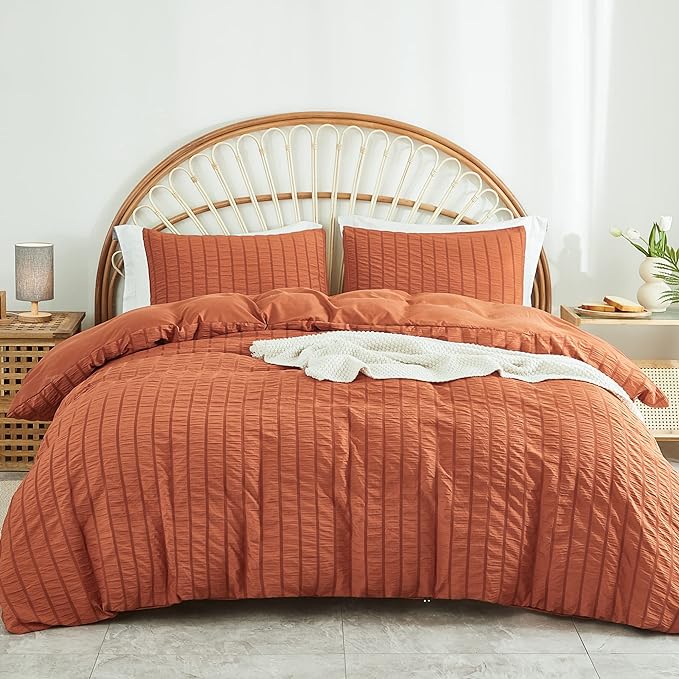 AveLom Terracotta Seersucker Duvet Cover Set Queen Size, 3 Pieces, Ultra Soft by AveLom