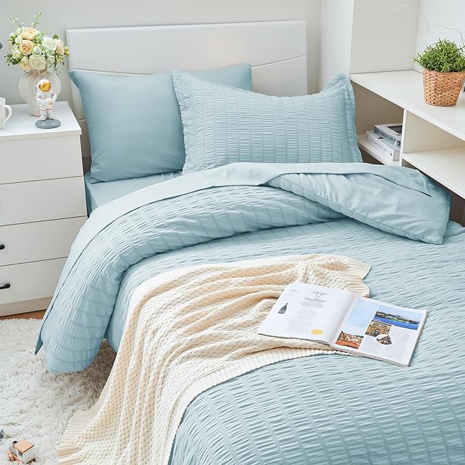 HYMOKEGE Lake Blue Twin XL Comforter Set Seersucker 5 Pieces, All Season Luxury - Image 2