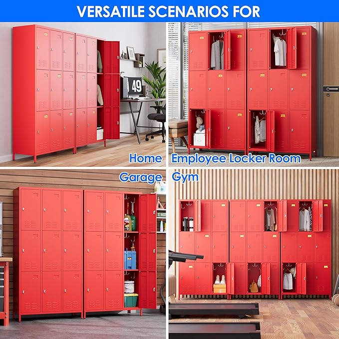 SUPEER 9 Doors Metal Locker with Business Card Holder and 27 Hooks,Metal Locker for Employees with Ventilation Holes for School Garage Office Gym Home,Assembly Required,Red