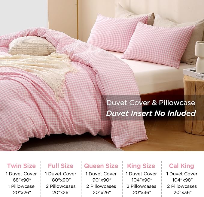 TOCOMOA Pink Gingham Duvet Cover Bedding Set 100% Washed Cotton Like Linen Feel - Image 8