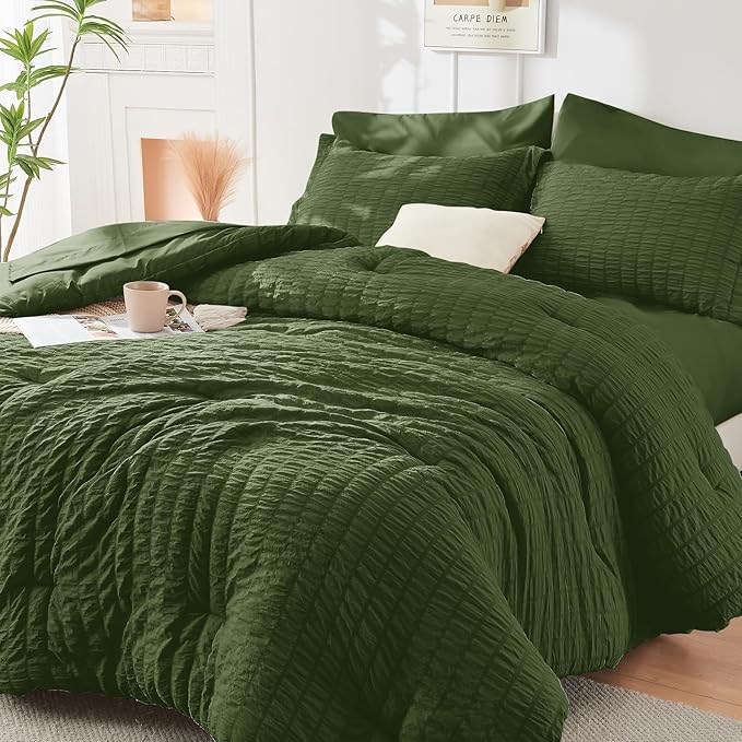 HYMOKEGE Olive Green Twin XL Comforter Set Seersucker 5 Pieces, All Season by HYMOKEGE