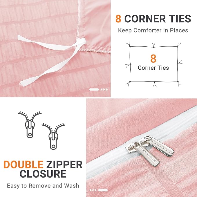 HYMOKEGE Pink Duvet Cover Full Size, Ultra Soft 3-Piece Seersucker Duvet Cover - Image 4
