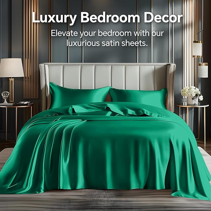 BEDELITE Satin Sheets Twin Size Bed Set, Luxury Soft Dark Green Silky Sheets - Image 2