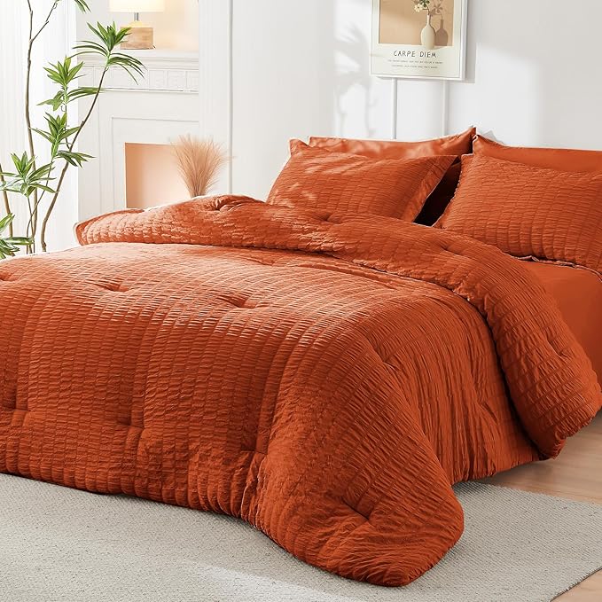 HYMOKEGE Burnt Orange Queen Comforter Set Seersucker 7 Pieces, All Season - Image 7