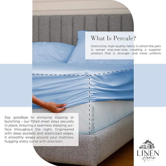 Linen Home 100% Cotton Percale Sheets Queen Size, Baby Blue, Deep Pocket - Image 4