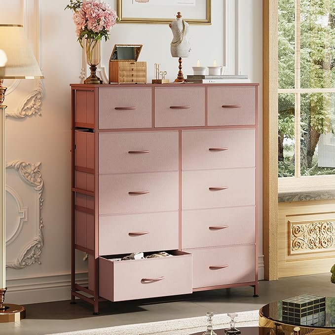 WLIVE Tall Dresser for Bedroom, Fabric Dresser Storage Tower, Chest of Drawers Organizer Unit with 11 Drawers, Storage Cabinet, Hallway, Closets, Steel Frame, Wood Top, Pink