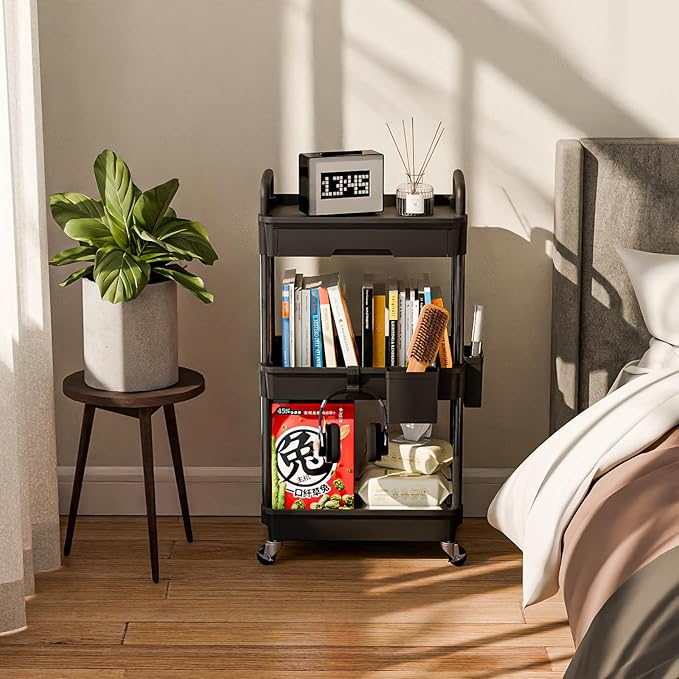 Sorgion 3 Tier Rolling Cart Organizer,Laundry Room Bathroom Organizers and Storage Office Shelves Mobile Shelving Unit Kitchen Trolley Cart with Wheels for Art,Craft,Diaper,Bedside,Snack(Black)