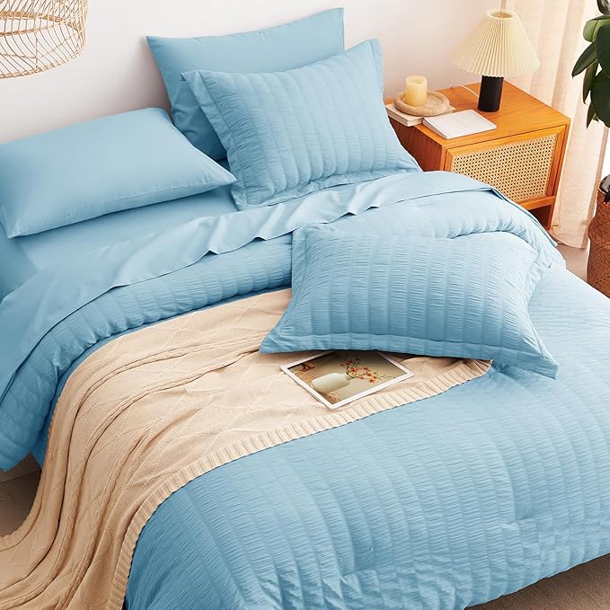 CozyLux King Size Comforter Set Sky Blue Seersucker 7 Pieces Bed in a Bag King - Image 6