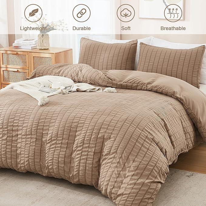 AveLom Seersucker Duvet Cover Set Queen Size, 3 Pieces, Taupe Ultra Soft Washed - Image 2