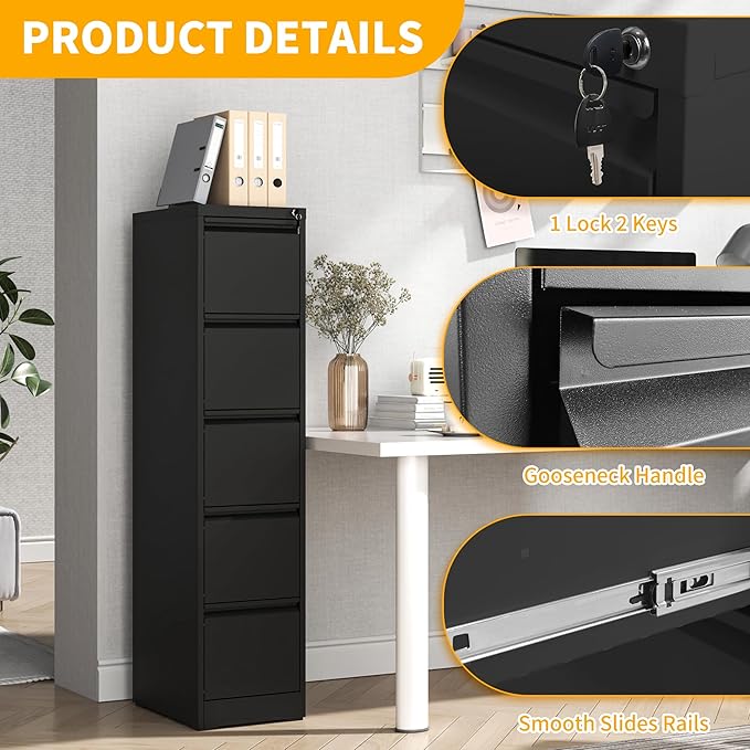 Reegangfa 5 Drawer File Cabinet with Lock, 18" D Metal Vertical File Cabinets, Steel File Storage Cabinets for Home Office, Hanging A4 Legal/Letter Size Narrow Filing Cabinet, Assembly Required