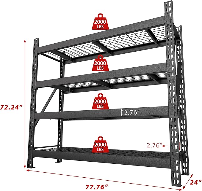 Yardenaler 8000LBS 78 "W x 24 "D x 72 "H Garage Shelving, 4-Tier Industrial Iron Shelving Unit Garage Storage Rack for Basement Warehouse, Black