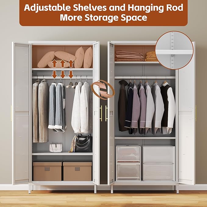 SUPEER Metal Wardrobe Cabinet with Hanging Rod,Metal Wardrobe Closet with Doors and Adjustable Shelves, Armoire Closet Locker for Home,Office,H70.9 X W31.5 X D17.7,Installation Required,White