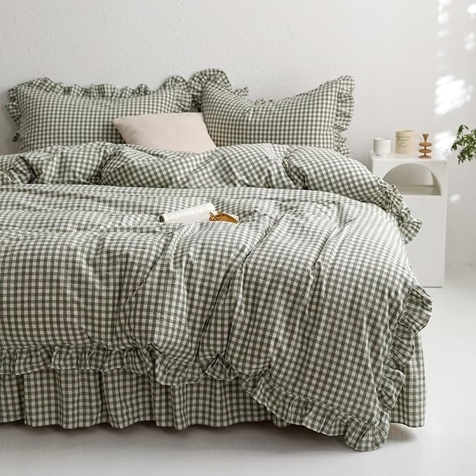 mixinni Green Ruffle Duvet Cover King Size 3 Pieces – 100% Washed Cotton by mixinni